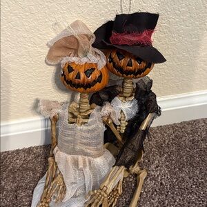 NWOT Pumpkin Head Skeleton Couple Bride & Groom - Bendable Arms & Legs 18” Long
